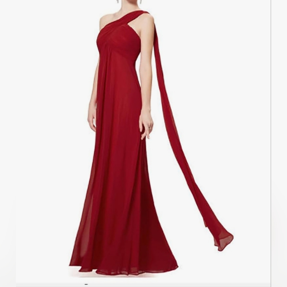 David's Bridal One Shoulder Ruched Bust Empire Waist Gown Sz 10 Red EUC